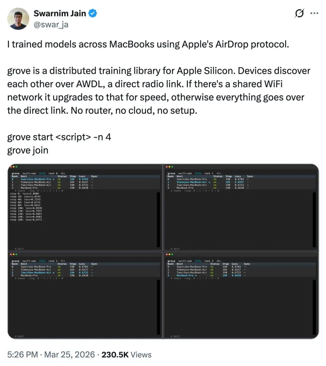 Разраб соединил несколько MacBook в сеть для обучения нейронок — для этого оказалось достаточно функции AirDrop.
Девайсы сами находят друг друга по радио-сигналу | Сетка — социальная сеть от hh.ru