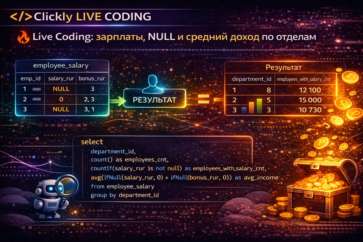 🔥 Live Coding: зарплаты и средний доход по отделам
Задача:
Есть таблица employee\salary:
• employee\id
• salary\rur
• bonus\rur
• department\id
Нужно для каждого отдела посчитать:
• общее количество с... | Сетка — социальная сеть от hh.ru