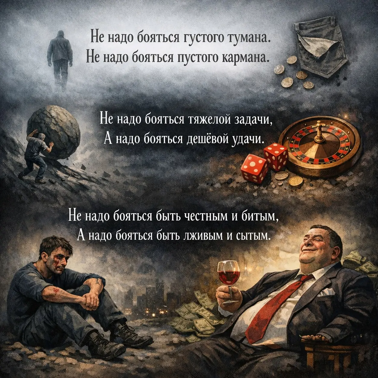 Не надо бояться густого тумана.
Не надо бояться пустого кармана.
Не надо бояться ни горных потоков,
Ни топей болотных, ни грязных подонков | Сетка — социальная сеть от hh.ru