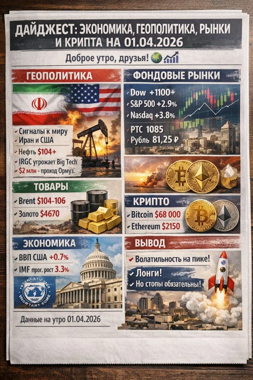 📰 Дайджест: Экономика, Геополитика, Рынки и Крипта на 01.04.2026
Доброе утро, друзья! 🌍📈
Сегодня 1 апреля — и рынки просыпаются на волне оптимизма по деэскалации конфликта на Ближнем Востоке | Сетка — социальная сеть от hh.ru