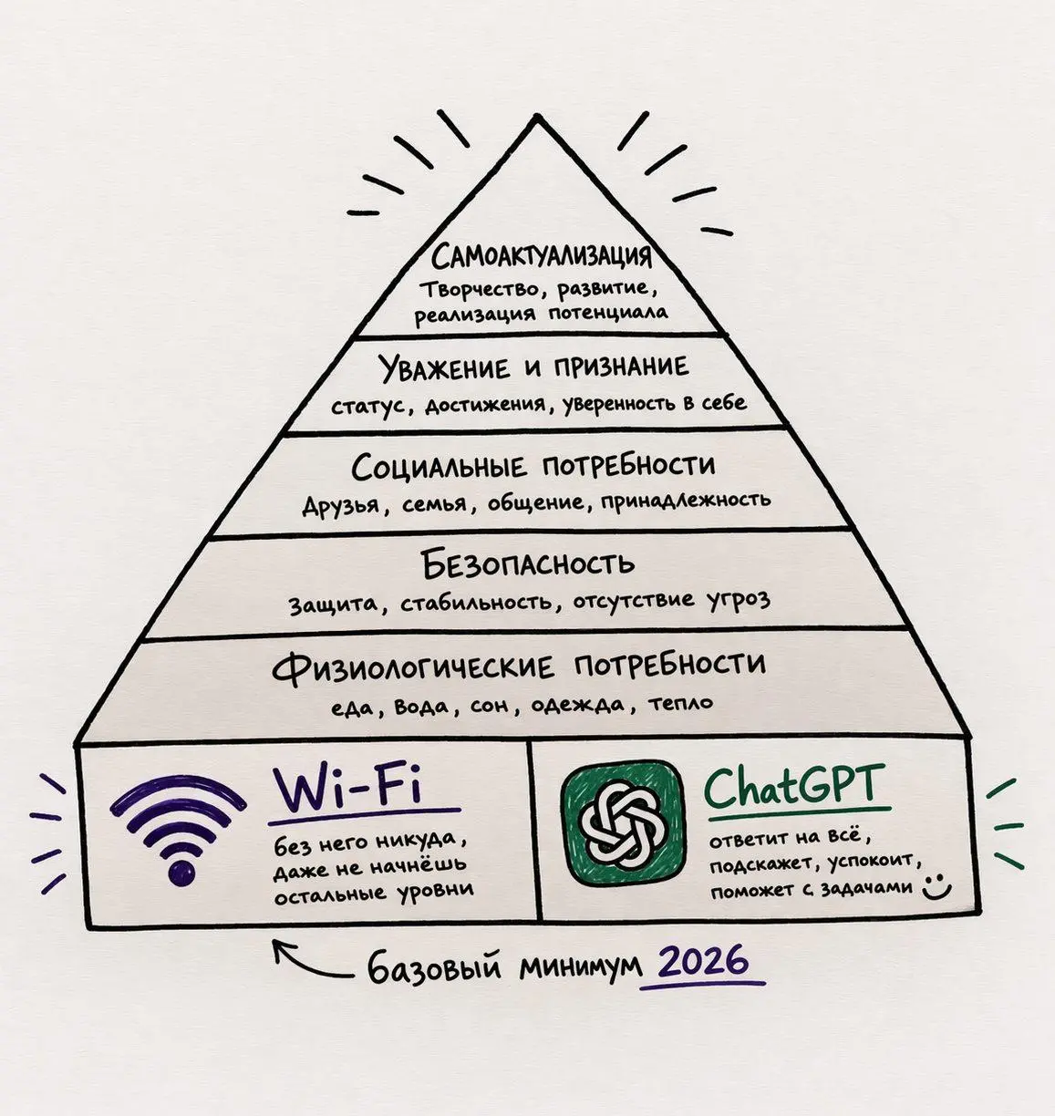 Пирамида Маслоу 2026
Сегодня день рождения Абрахама Маслоу — человека, который в 1943 году объяснил, что нужно людям для счастья.
Еда, безопасность, любовь, признание, самореализация | Сетка — социальная сеть от hh.ru