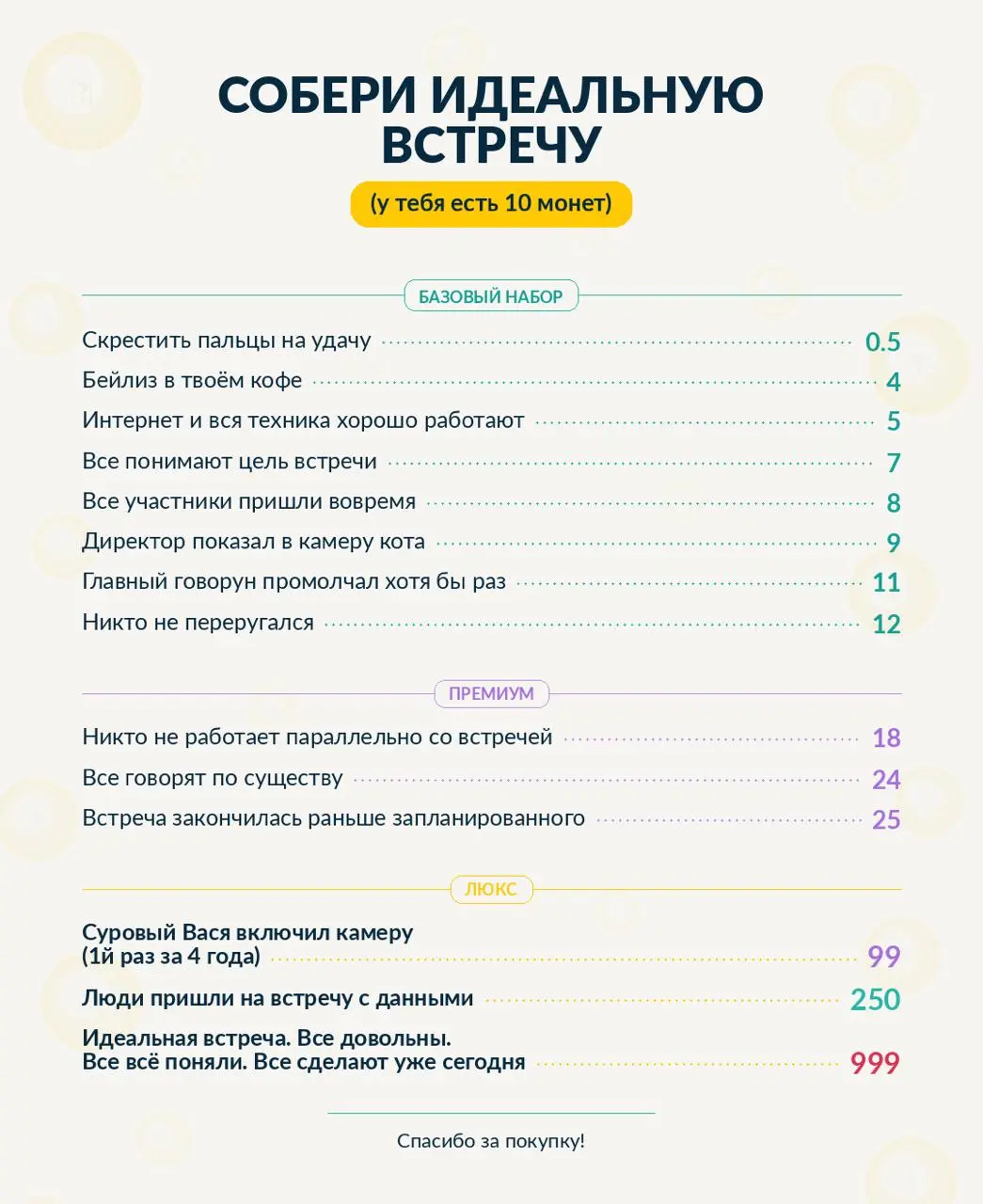 👛 Как собрать идеальную встречу?
Друзья, всем известно, что провести идеальную встречу очень просто! Главное — это правильно расставлять приоритеты!
Убедитесь в этом сами, вложив свои 10 монет в самое... | Сетка — социальная сеть от hh.ru