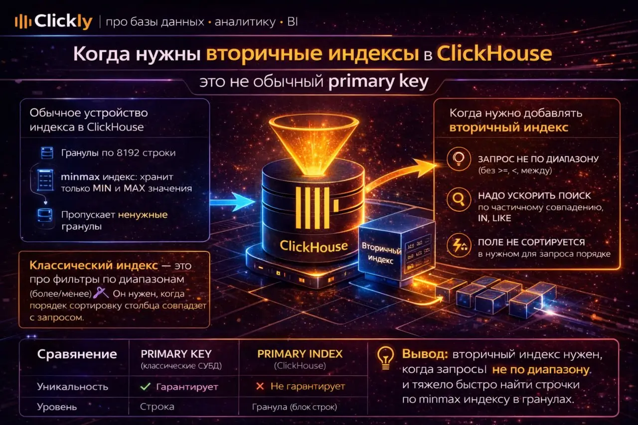 🧭 Когда нужны вторичные индексы в ClickHouse
🔥 Главная мысль
Одна из самых частых ошибок в ClickHouse —
пытаться добавлять вторичные индексы заранее.
По привычке.
Как в классических БД | Сетка — социальная сеть от hh.ru