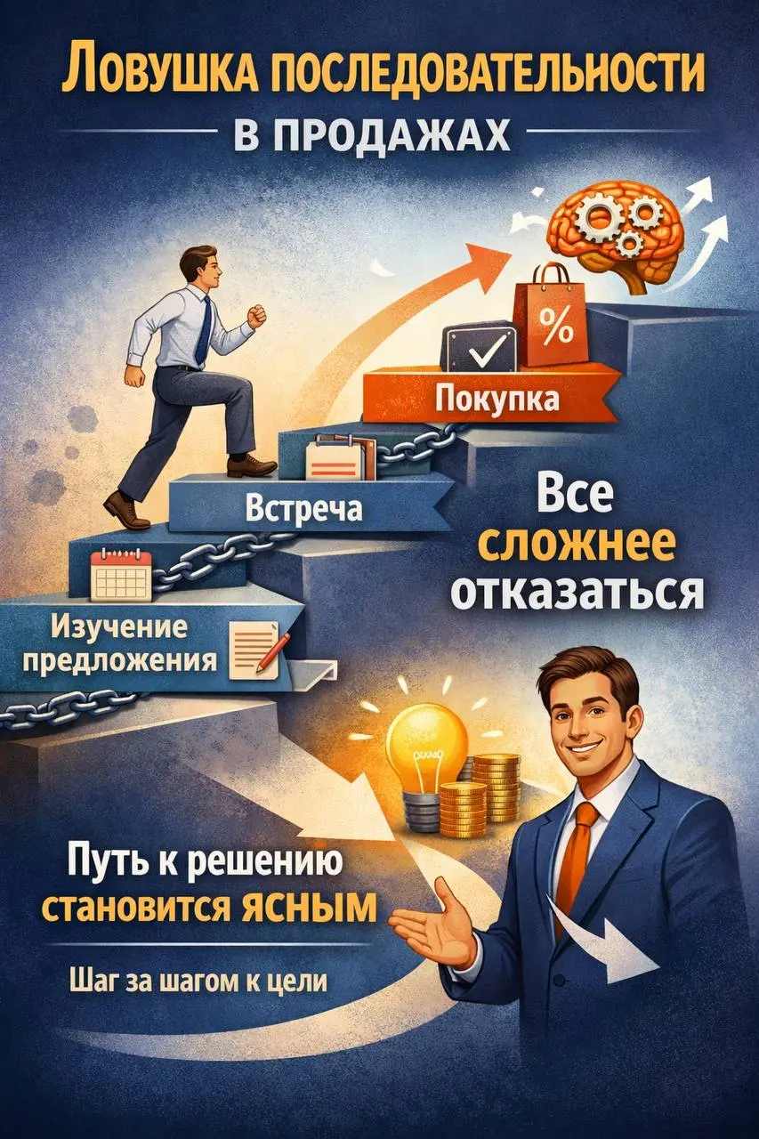 Ловушка последовательности
Одна из причин, почему воронки продаж работают, — эффект последовательности | Сетка — социальная сеть от hh.ru