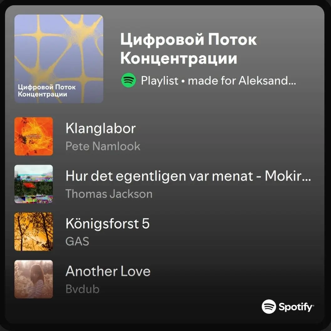 Создал ИИ-плейлист в Spotify ежедневно автоматически обновляемый для кодинга и фокуса.
Спотик собирает музыку суммарной продолжительность около 8 часов | Сетка — социальная сеть от hh.ru