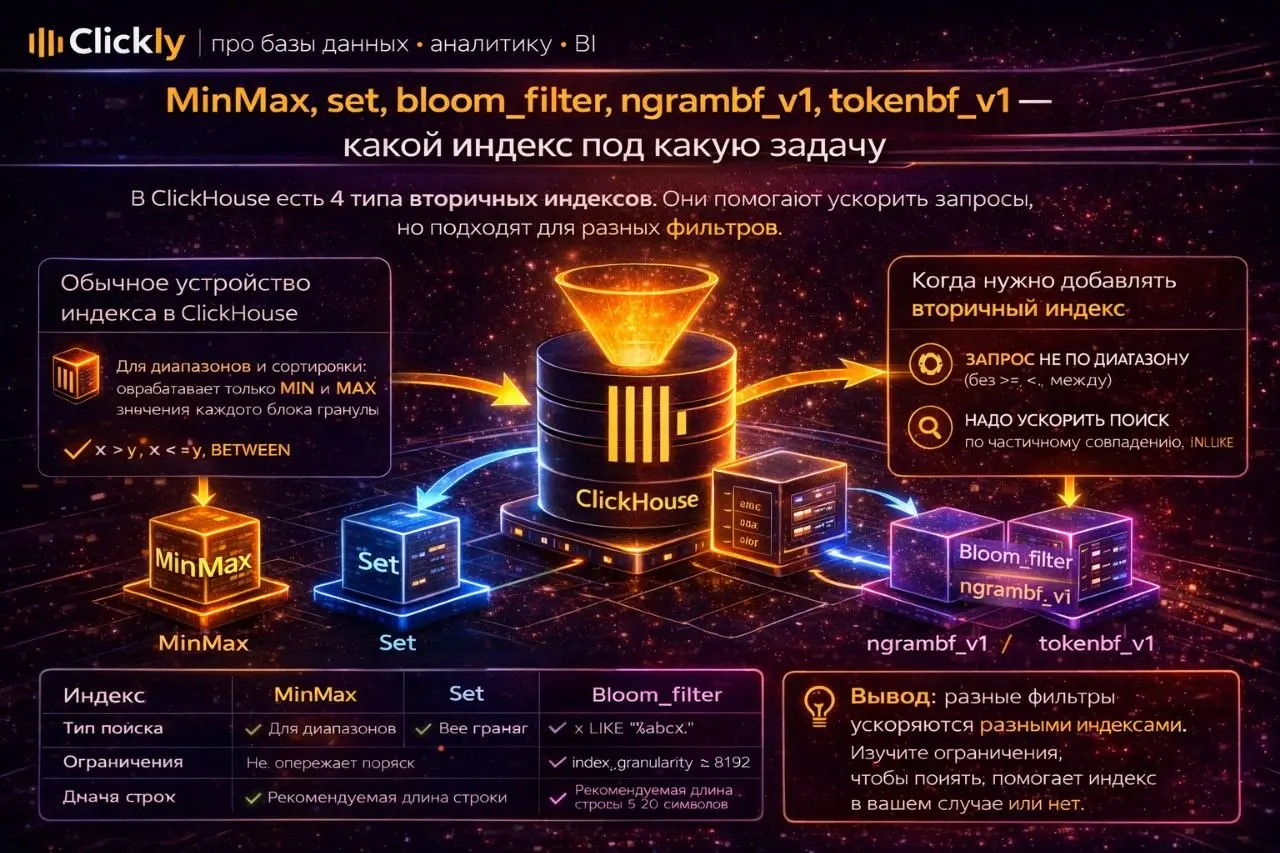 🧭 MinMax, set, bloom\filter, ngrambf\v1, tokenbf\v1 — какой индекс под какую задачу
🔥 Главная мысль
Главная ошибка в ClickHouse —
искать “лучший индекс вообще”.
Его нет | Сетка — социальная сеть от hh.ru