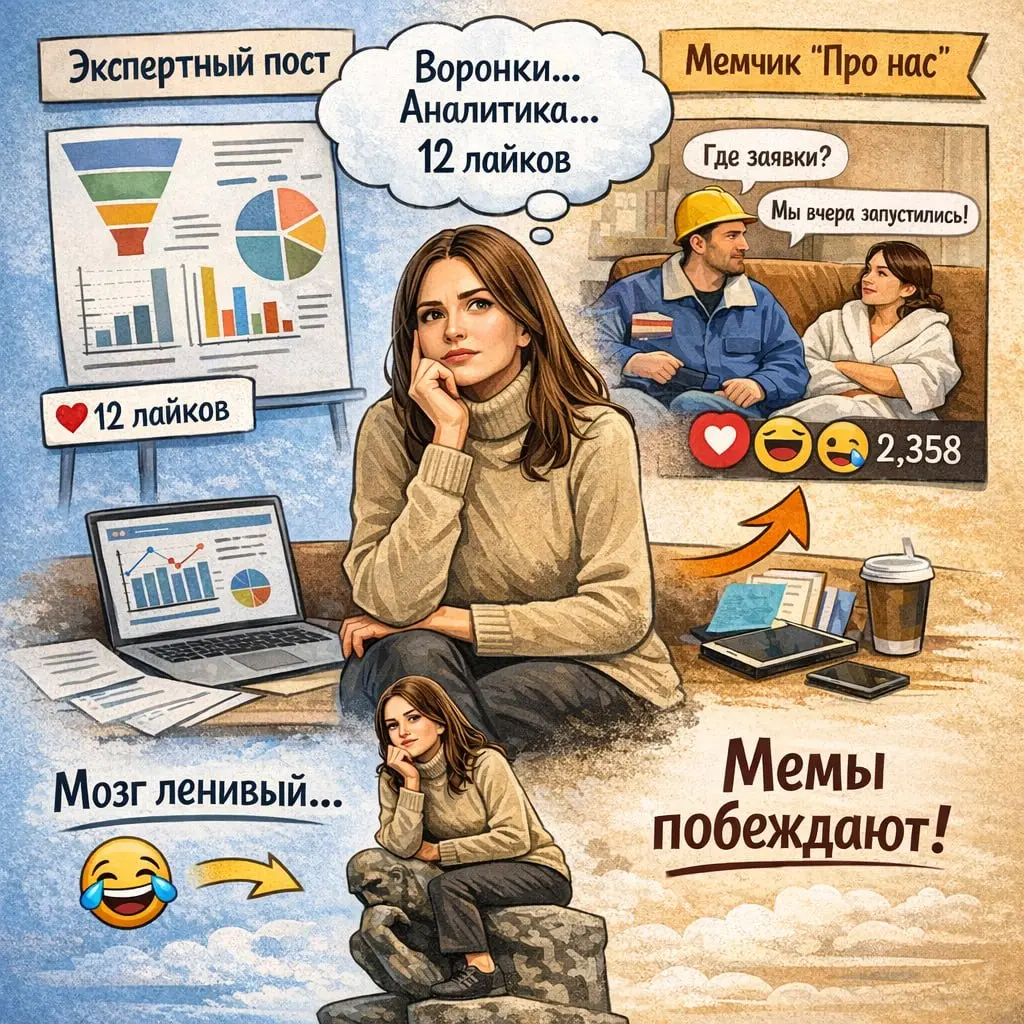 😂 Почему смешные мемчики популярнее экспертных постов?
Стандартная история: расписываешь стратегию, воронки, аналитику…
Итог: 12 лайков | Сетка — социальная сеть от hh.ru