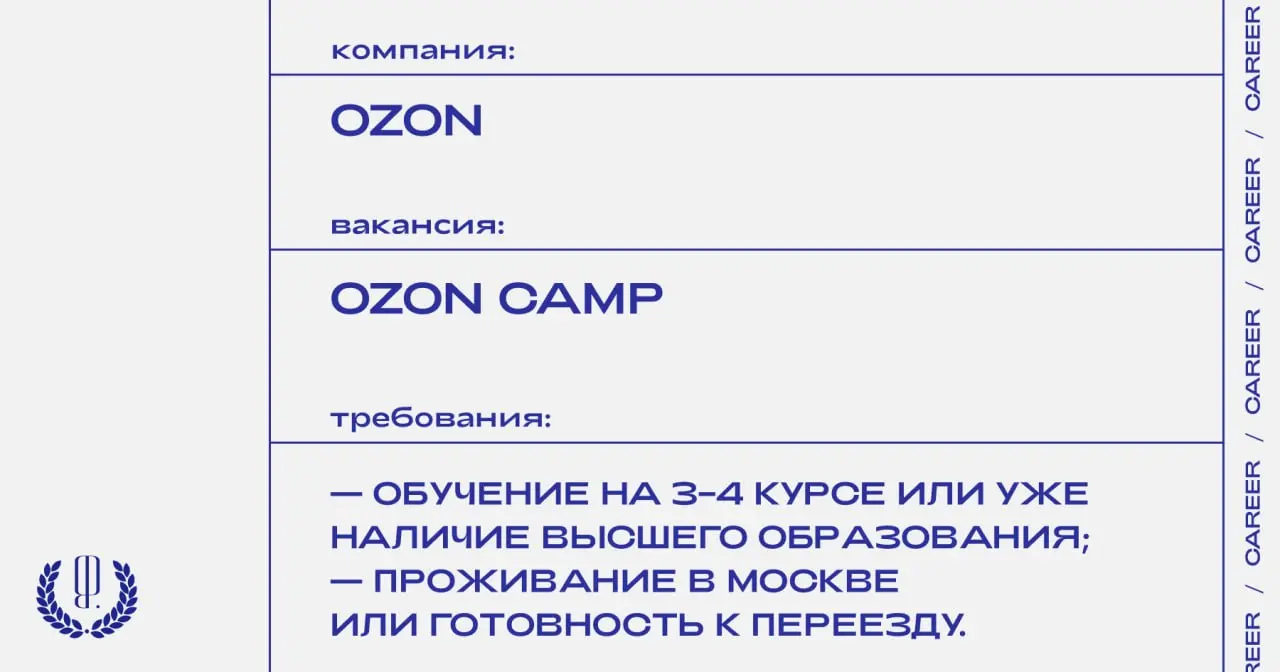 Ozon объявляет набор на программы летних стажировок. Направления: маркетинг, менеджмент проектов, менеджмент продукта, финансы, коммерция и аналитика.
https://theblueprint | Сетка — социальная сеть от hh.ru