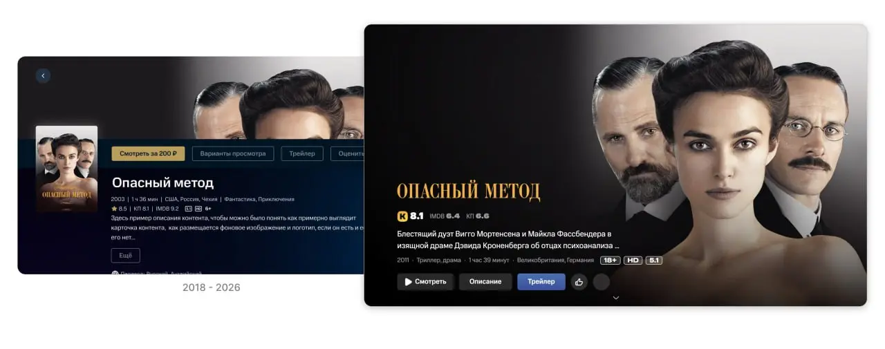 Постепенно уходит эпоха. Старую карточку контента, которую в 2018 году создавали на скорую руку для МТС ТВ на основе базового макета АТВ, скоро окончательно уберут | Сетка — социальная сеть от hh.ru