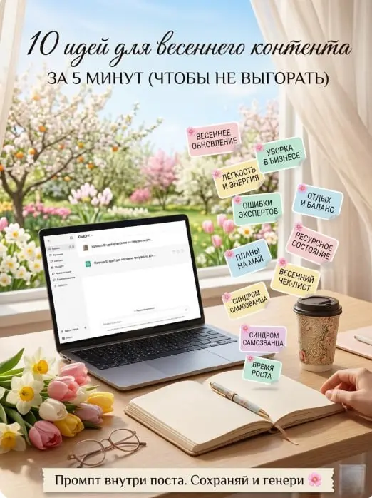 10 идей для весеннего контента за 5 минут (чтобы не выгорать)
Весна — время обновления, но не ценой выгорания. Чтобы не сидеть часами над чистыми листами, я подготовила промпт для нейросети | Сетка — социальная сеть от hh.ru