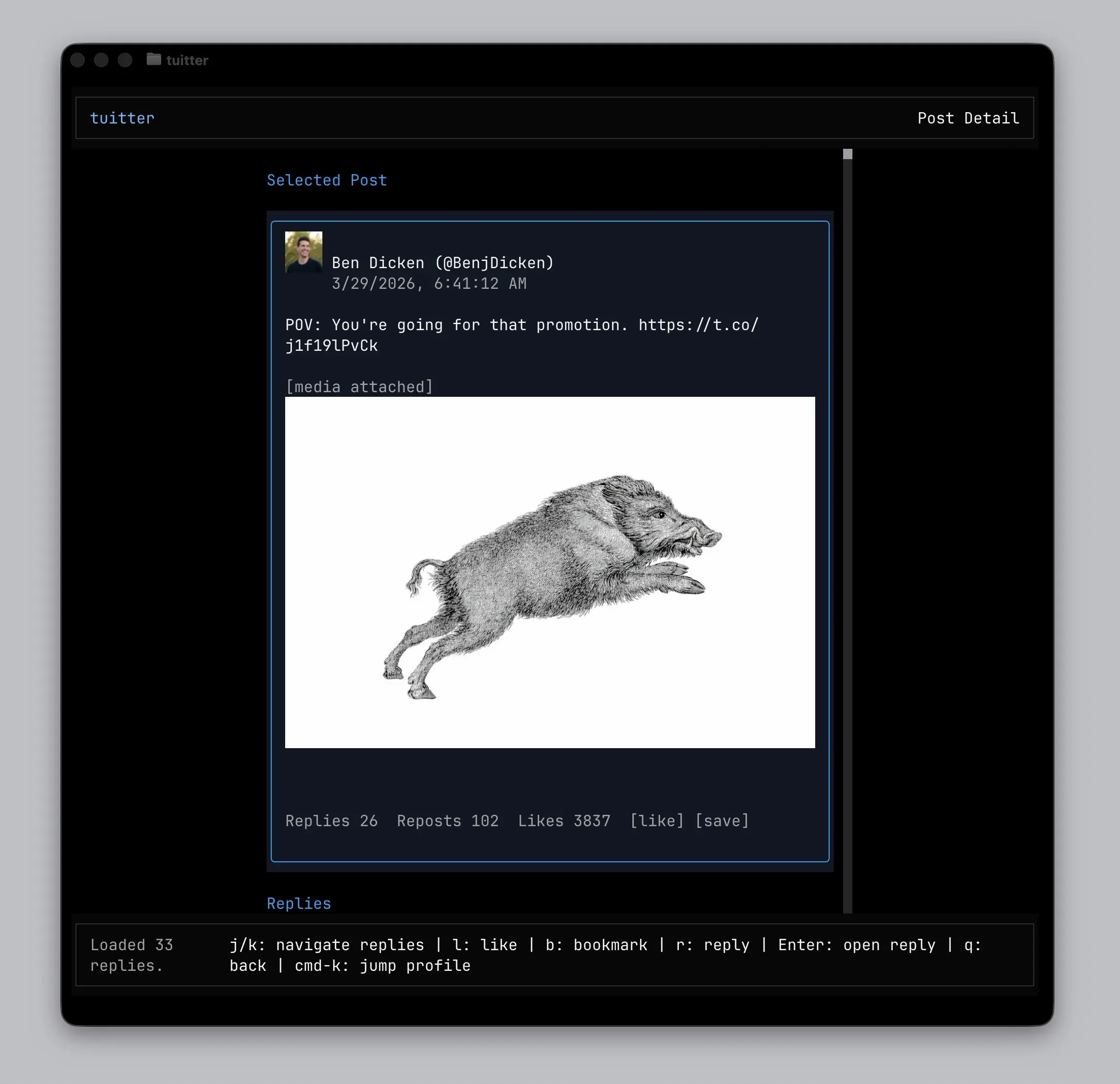 tuitter
Это клиент для X (ранее известного как Twitter) с интерфейсом командной строки, разработанный на TypeScript с использованием OpenTUI | Сетка — социальная сеть от hh.ru