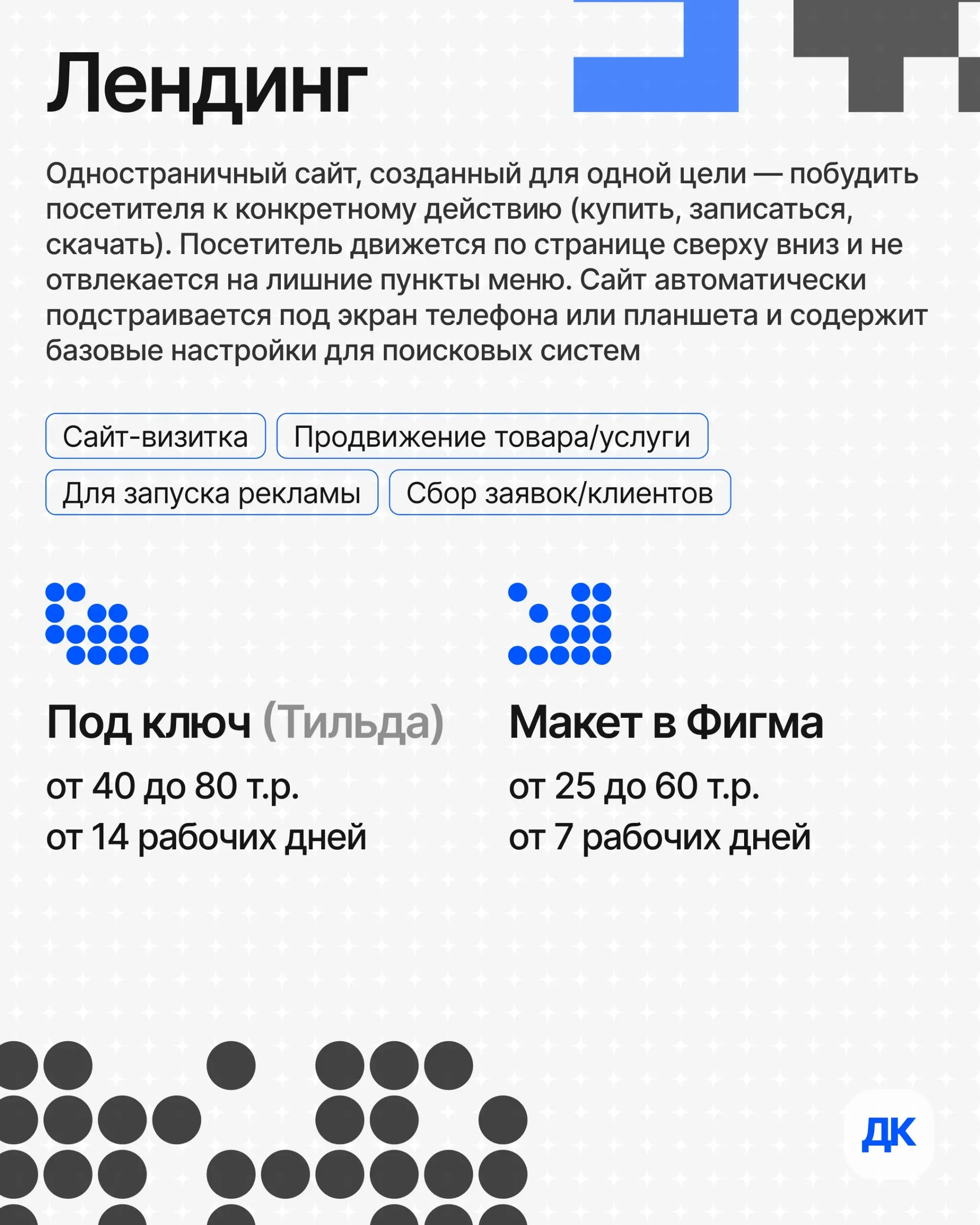 Мои услуги и их стоимость
Решил подготовить карусель, где подробно расписал какой тип сайта подойдёт в том или ином случае и сколько он будет стоить | Сетка — социальная сеть от hh.ru