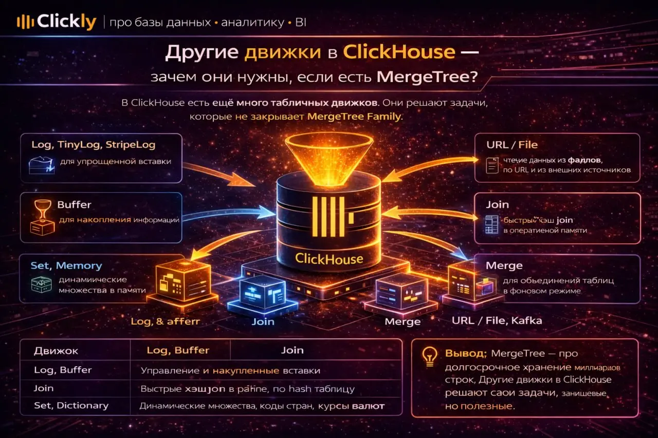 🧭 Другие движки в ClickHouse — зачем они нужны, если есть MergeTree
🔥 Главная мысль
Одна из частых ошибок —
думать, что ClickHouse — это только MergeTree и его семейство.
На практике это не так | Сетка — социальная сеть от hh.ru