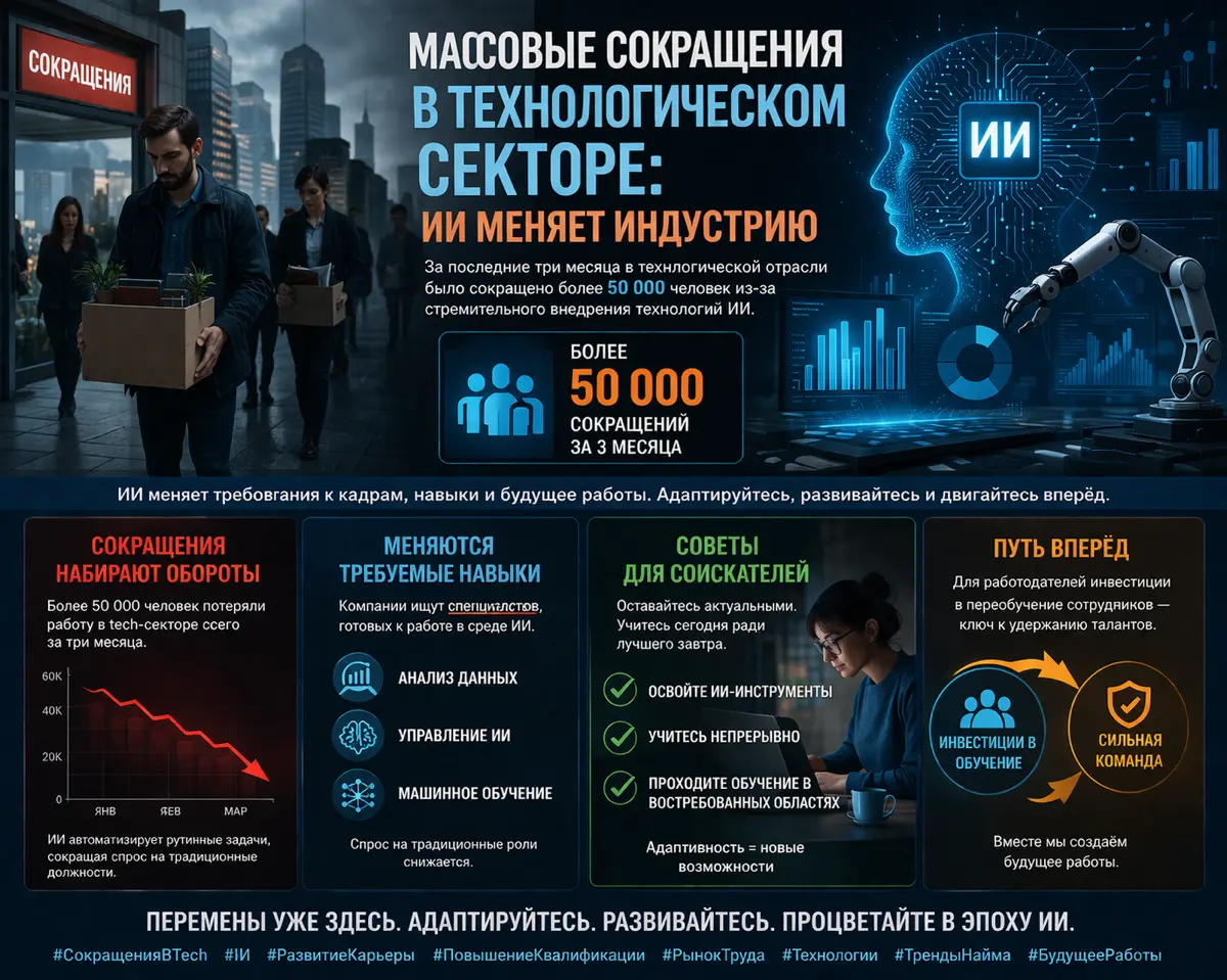 Увольнения в технологическом секторе растут на фоне того, как ИИ переопределяет отрасли:
Увольнения в секторе технологий превысили 50 000 всего за три месяца, в основном из-за быстрого внедрения техно... | Сетка — социальная сеть от hh.ru