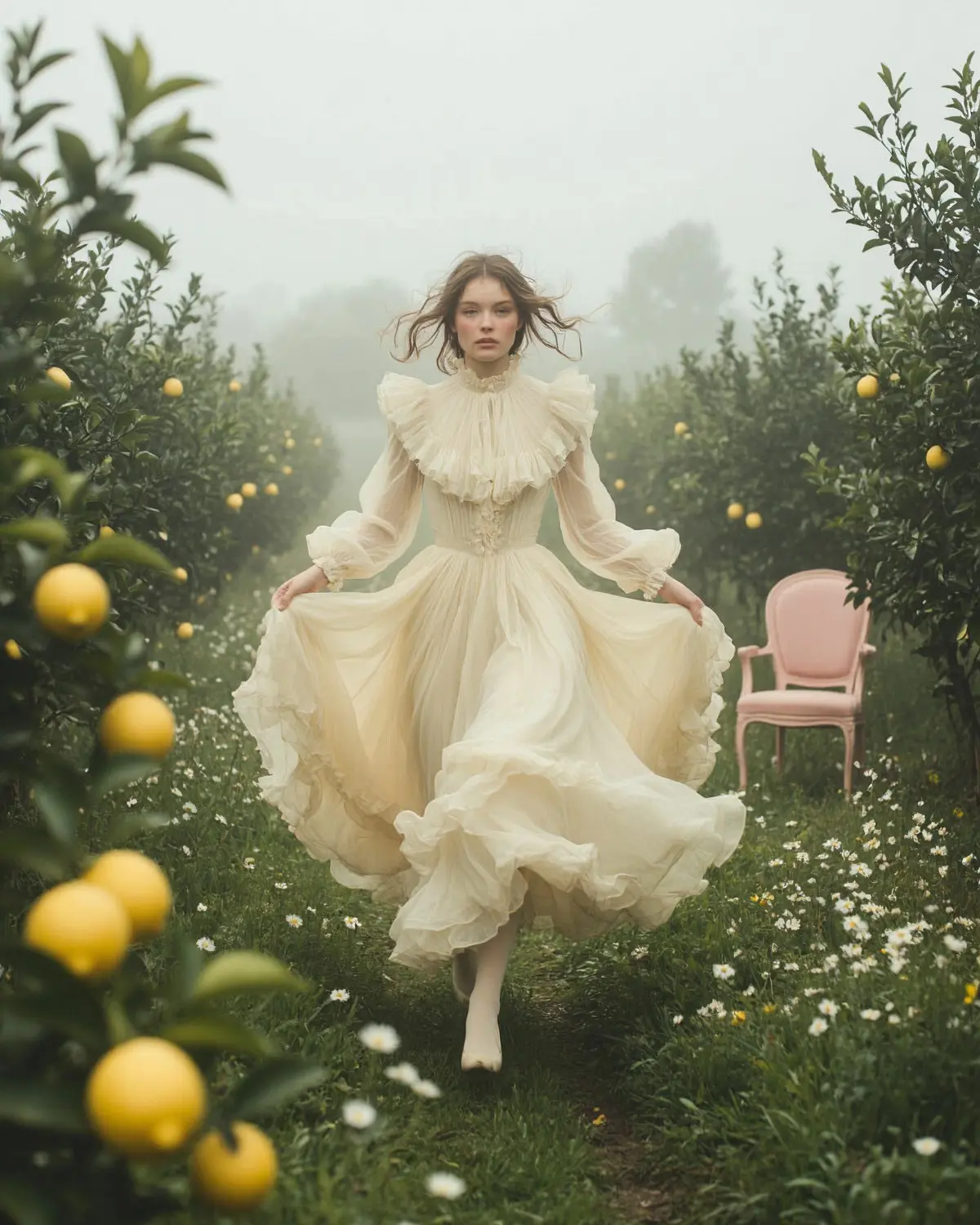 «Побег в лимонный сад». Героиня уходит от реальности в выбеленный, туманный мир, где время течёт иначе. Она не собирает лимоны — она растворяется в саду | Сетка — социальная сеть от hh.ru