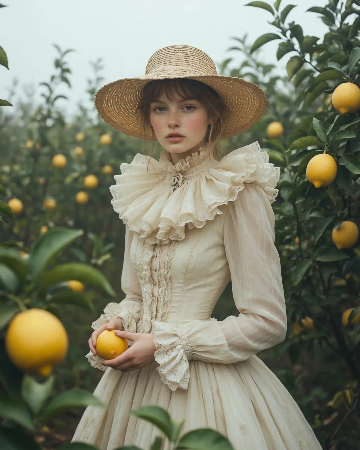 «Побег в лимонный сад». Героиня уходит от реальности в выбеленный, туманный мир, где время течёт иначе. Она не собирает лимоны — она растворяется в саду | Сетка — социальная сеть от hh.ru