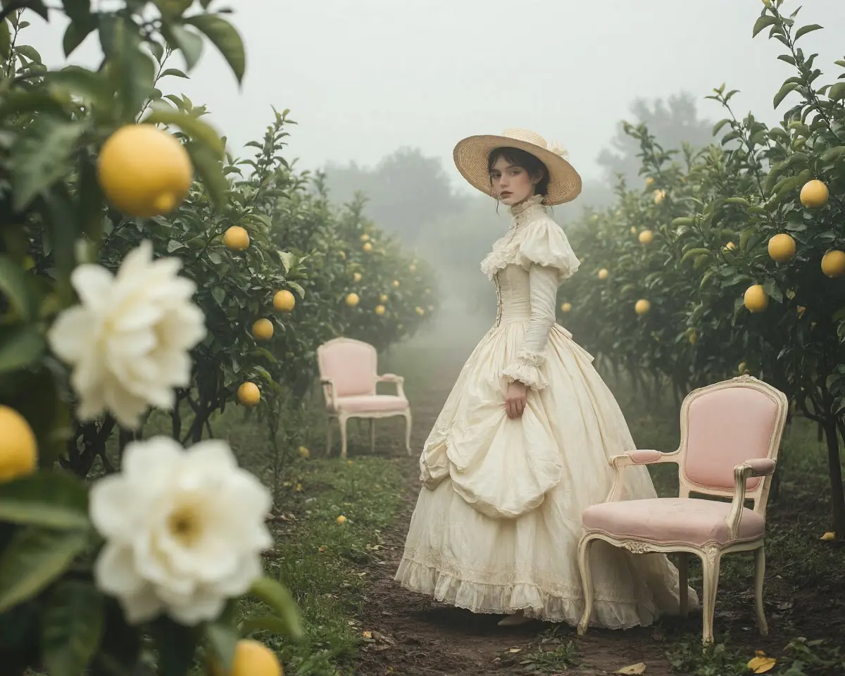 «Побег в лимонный сад». Героиня уходит от реальности в выбеленный, туманный мир, где время течёт иначе. Она не собирает лимоны — она растворяется в саду | Сетка — социальная сеть от hh.ru