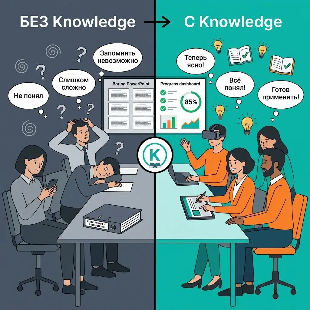 K — KNOWLEDGE
Amazon роботизировал склады. Тысячи сотрудников паниковали.
Задача: обучить людей работать с роботизированными системами.
Срок: минимальный.
Масштаб: тысячи сотрудников по всему миру | Сетка — социальная сеть от hh.ru