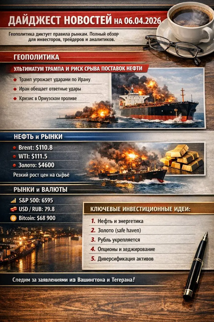 📰 ДАЙДЖЕСТ НОВОСТЕЙ НА 06.04.2026
Геополитика диктует правила рынкам. Главный триггер — эскалация вокруг Ирана и Ормузского пролива. Полный обзор для инвесторов, трейдеров и аналитиков | Сетка — социальная сеть от hh.ru