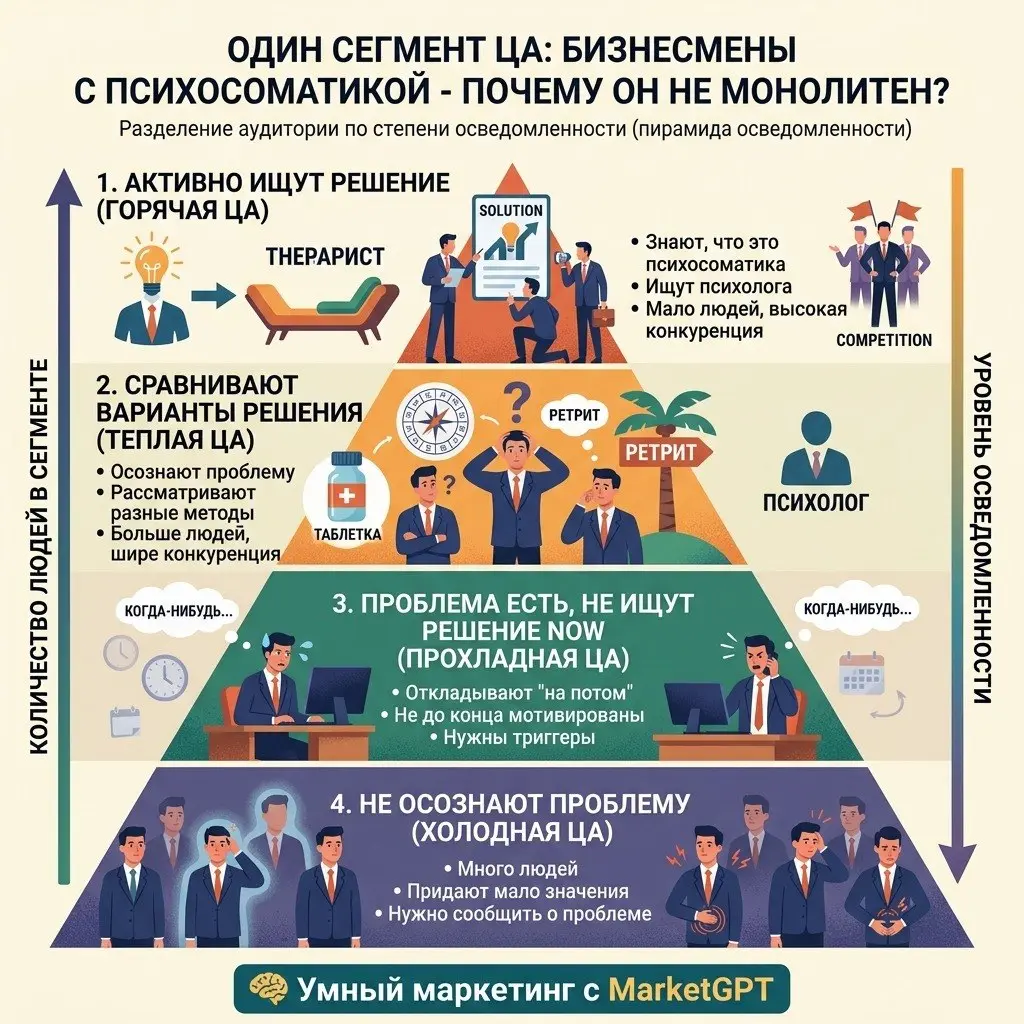 Нашли ЦА, сегментировали, но так ли она монолитна?
Совсем нет. Тут еще надо смотреть по степени осведомленности ЦА. Сейчас поясню.
Для примера рассмотрим нишу... психосоматика | Сетка — социальная сеть от hh.ru