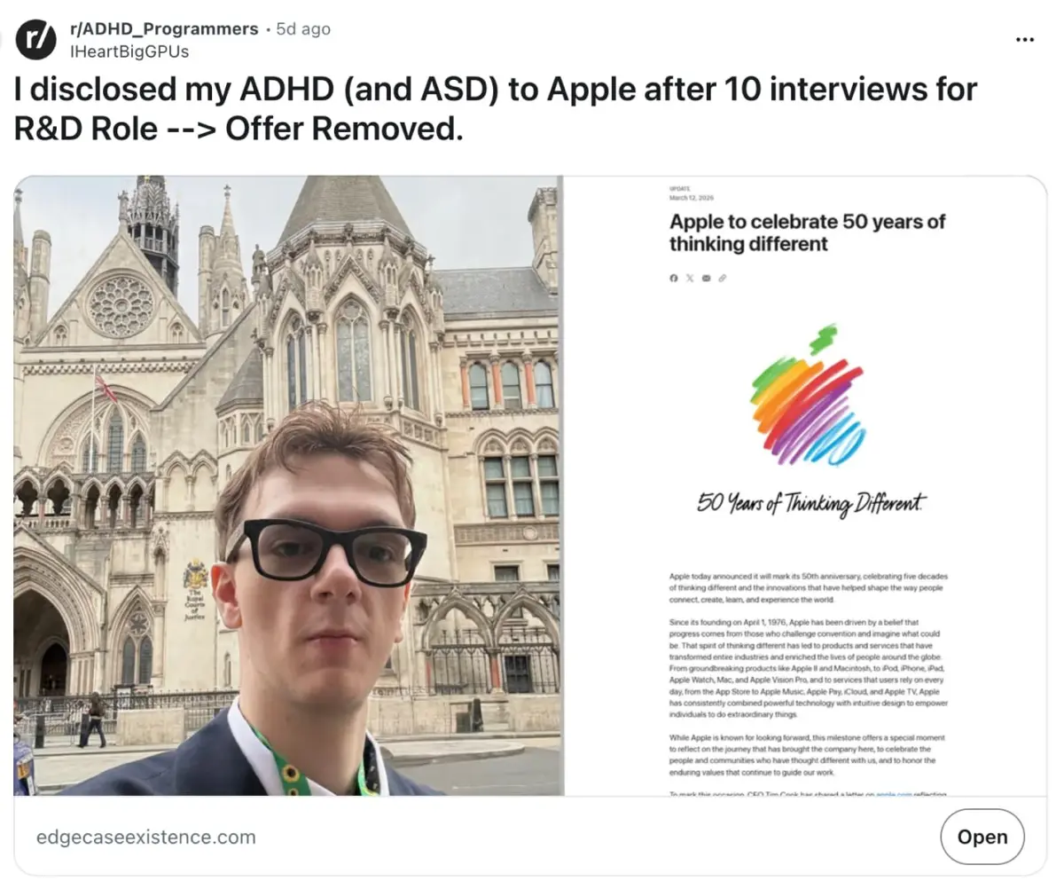 Кандидат подал в суд на Apple:
По его словам, компания прекратила общение после того, как он сообщил о СДВГ и РАС.
До этого он успешно прошёл собеседования и ожидал оффер | Сетка — социальная сеть от hh.ru