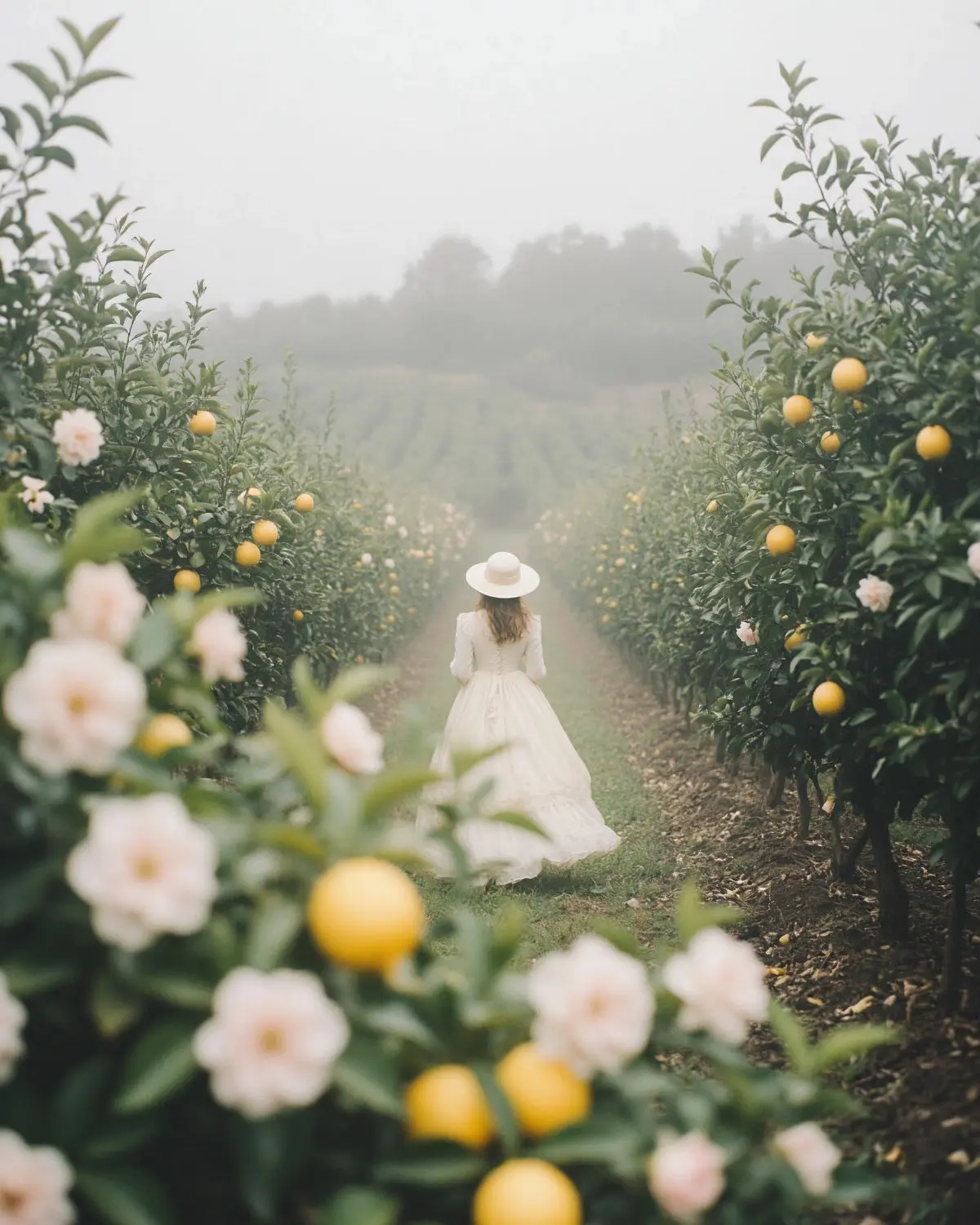 «Побег в лимонный сад». Героиня уходит от реальности в выбеленный, туманный мир, где время течёт иначе. Она не собирает лимоны — она растворяется в саду | Сетка — социальная сеть от hh.ru