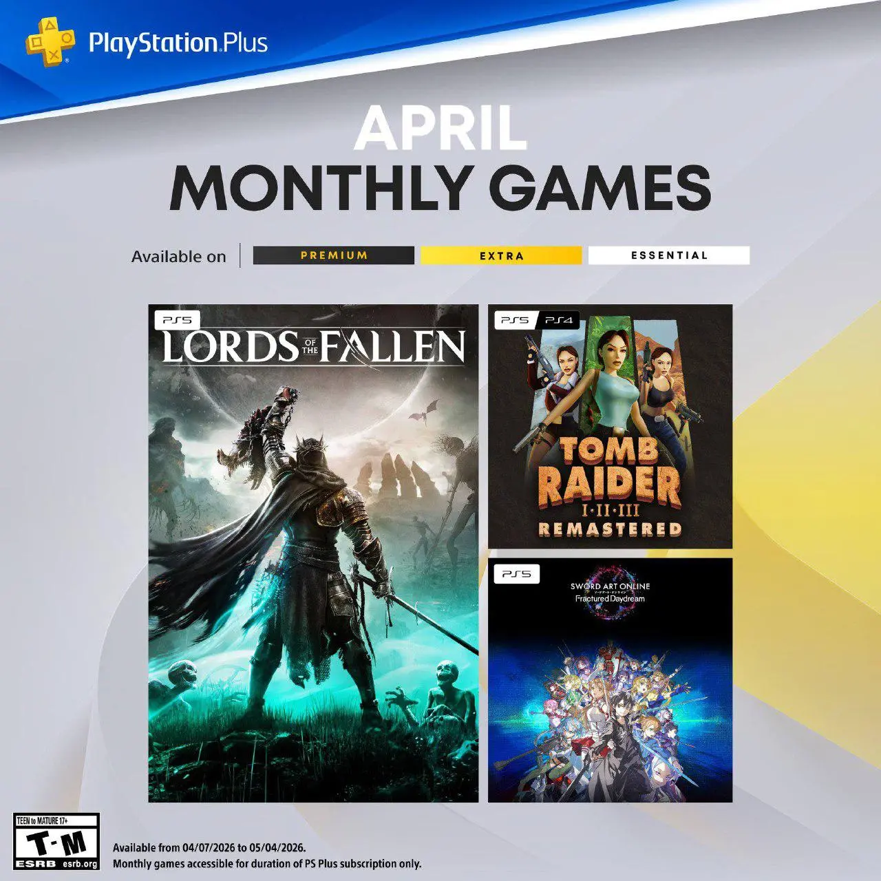 Апрельский PS Plus Essential:
— Lords of the Fallen
— Tomb Raider I-III Remastered
— Sword Art Online Fractured Daydream | Сетка — социальная сеть от hh.ru