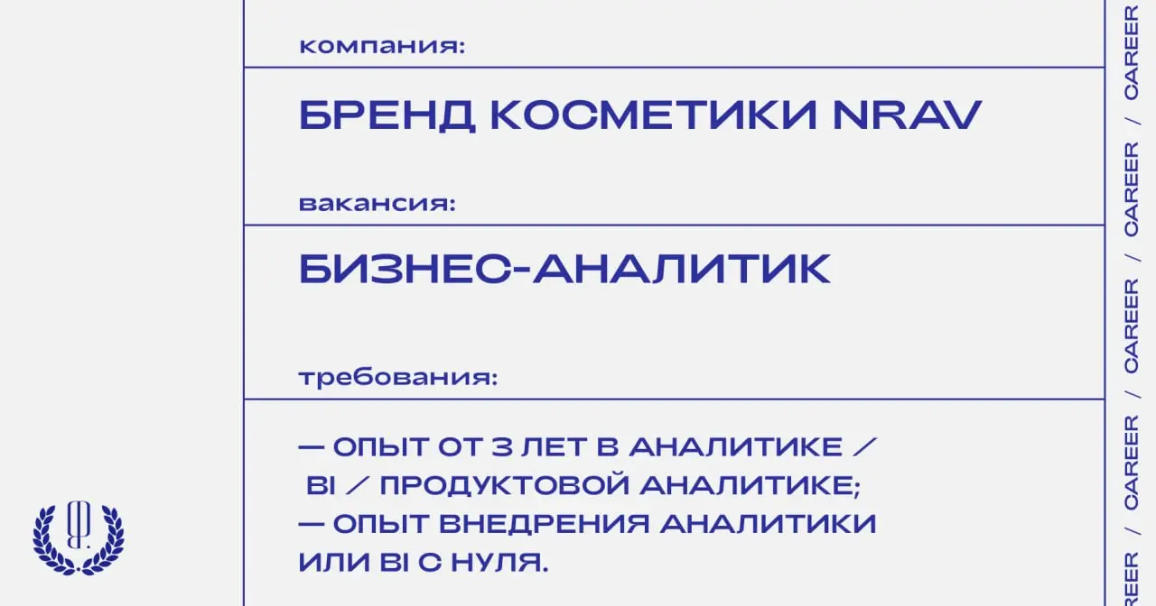 Бренд косметики Nrav ищет бизнес-аналитика.
https://theblueprint.ru/career/39126
#ВакансияВМаркетинге@theblueprintcareer
#ВакансияВБьюти@theblueprintcareer | Сетка — социальная сеть от hh.ru