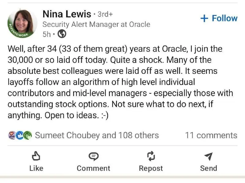 Сотрудницу Oracle уволили после 33 лет работы в компании. Нина Ньюис написала об этом пост и обновила своё резюме в Linkedin | Сетка — социальная сеть от hh.ru