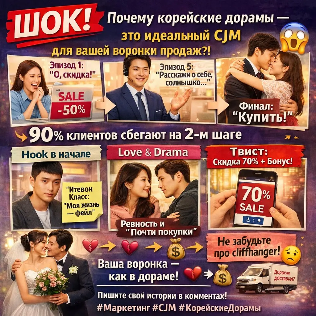 🚨 ШОК! Почему корейские дорамы — это идеальный CJM для вашей воронки продаж? 😱
Представьте: вы — типичный маркетолог, строите customer journey map (карта пути) | Сетка — социальная сеть от hh.ru