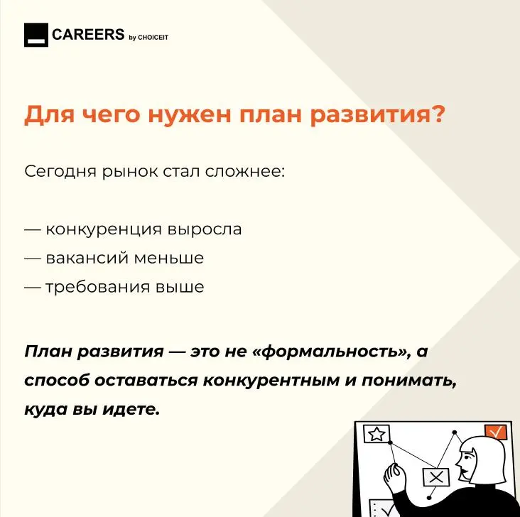 Для чего нужен план развития?
Привет, это CAREERS.
Мы часто говорим про рост, развитие и карьерные цели. Но на практике у многих все упирается в одно: нет понятного плана | Сетка — социальная сеть от hh.ru