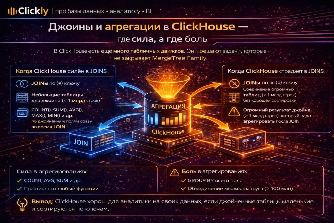 🧭 Джоины и агрегации в ClickHouse — где сила, а где боль
🔥 Главная мысль
ClickHouse умеет делать JOIN и агрегации | Сетка — социальная сеть от hh.ru