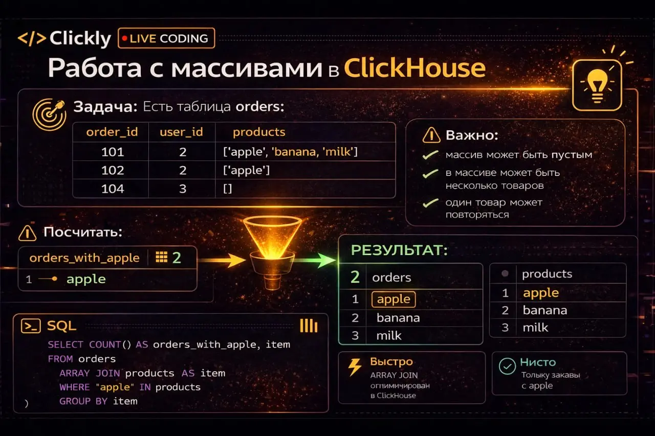 🔥 Live Coding: работа с массивами в ClickHouse
Задача:
Есть таблица orders:
orderid
userid
products Array(String)
Пример:
['apple', 'banana', 'milk']
['apple']
[]
Нужно:
👉 посчитать, сколько заказов с... | Сетка — социальная сеть от hh.ru