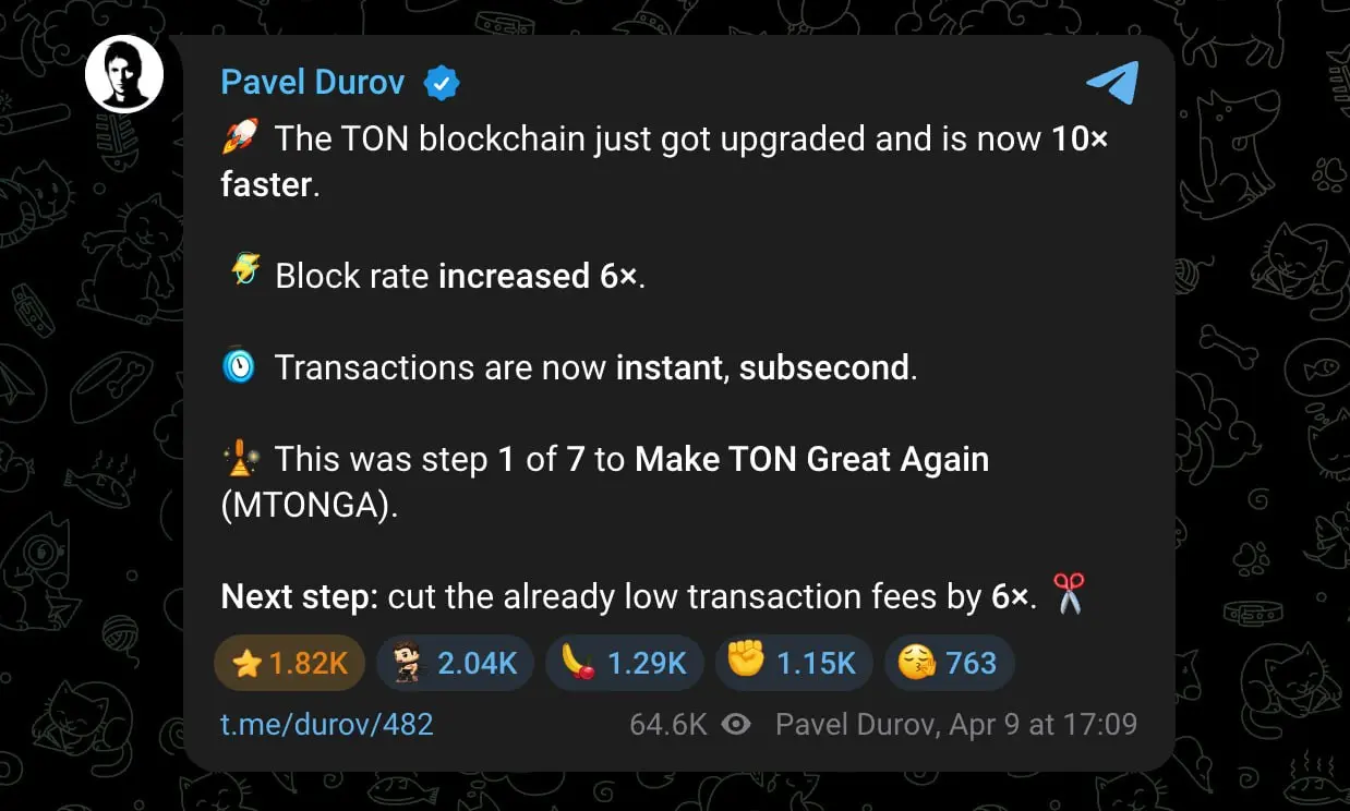 Блокчейн TON стал в 10 раз быстрее — похвастался Павел Дуров. Скорость блоков увеличилась в 6 раз, а транзации обрабатываются моментально | Сетка — социальная сеть от hh.ru