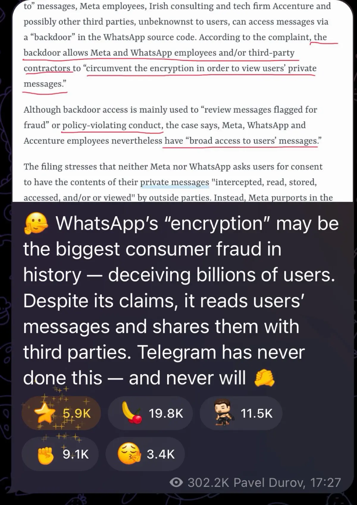 Павел Дуров обвинил WhatsApp в обмане пользователей
По его словам, сервис читает сообщения и передаёт данные третьим лицам, несмотря на заявления о шифровании | Сетка — социальная сеть от hh.ru