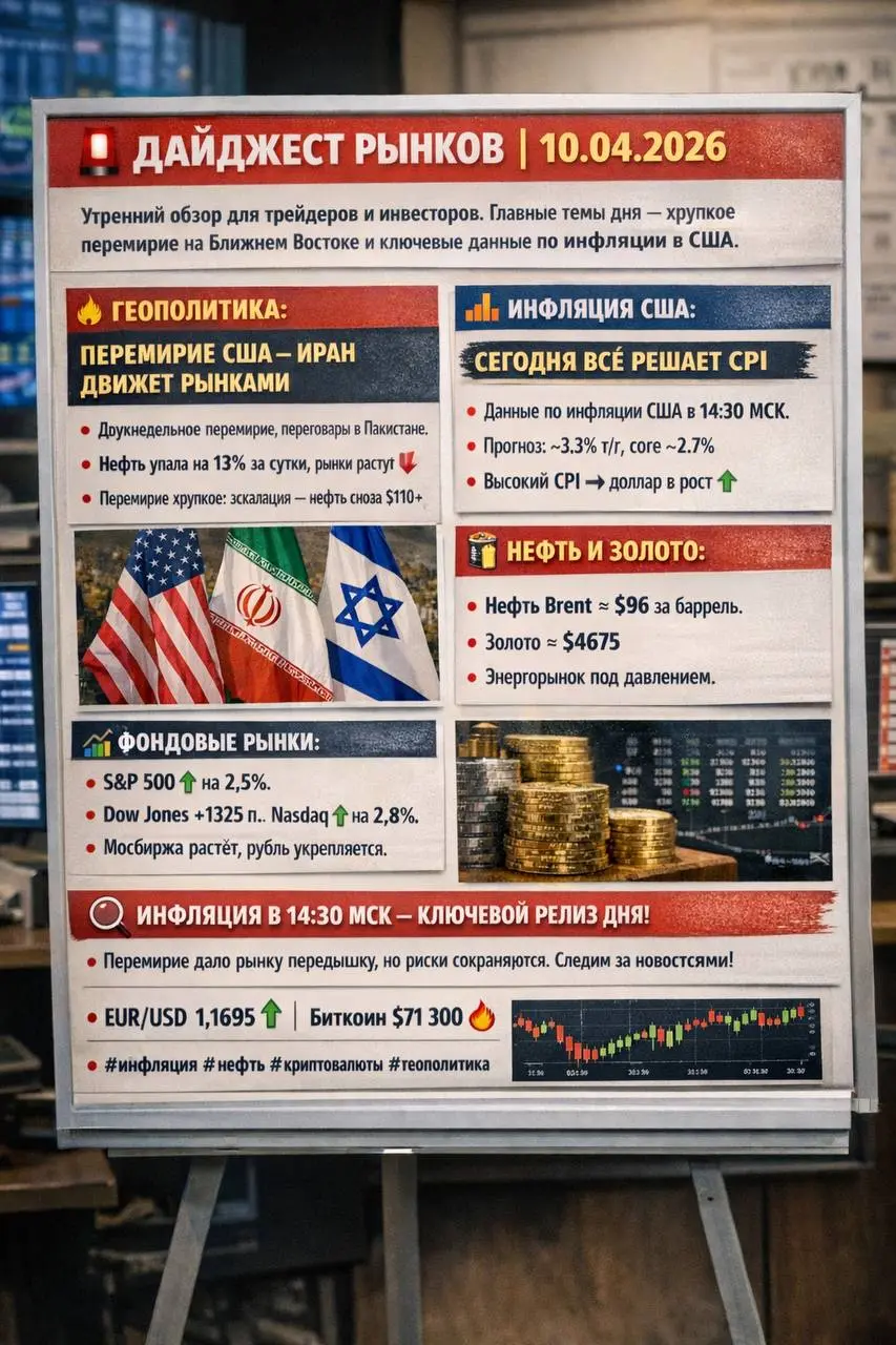 🚨 ДАЙДЖЕСТ РЫНКОВ | 10.04.2026
Утренний обзор для трейдеров и инвесторов. Главная тема дня — хрупкое перемирие на Ближнем Востоке + ключевые данные по инфляции США | Сетка — социальная сеть от hh.ru