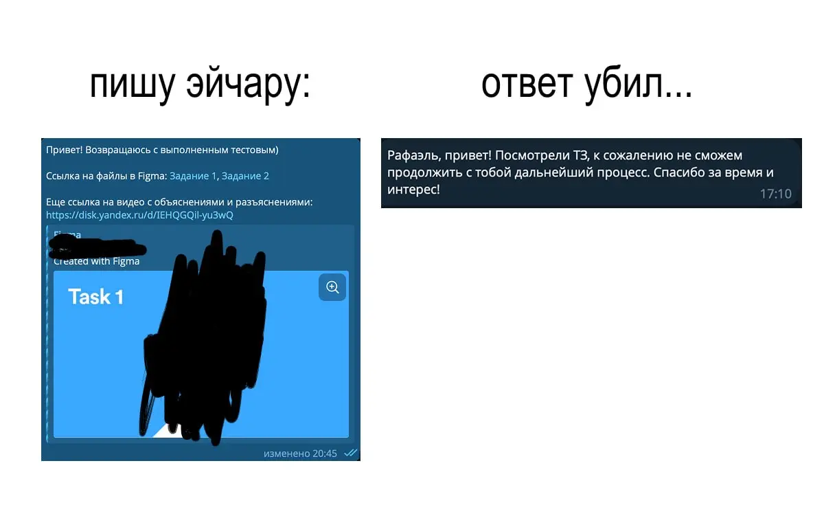 Обратная связь после тестового
Недавно проходил собес в зарубежный финтех стартап. Команда русская, сами позвали на звонок после просмотра портфолио и рефералки от другого дизайнера из желтого банка | Сетка — социальная сеть от hh.ru