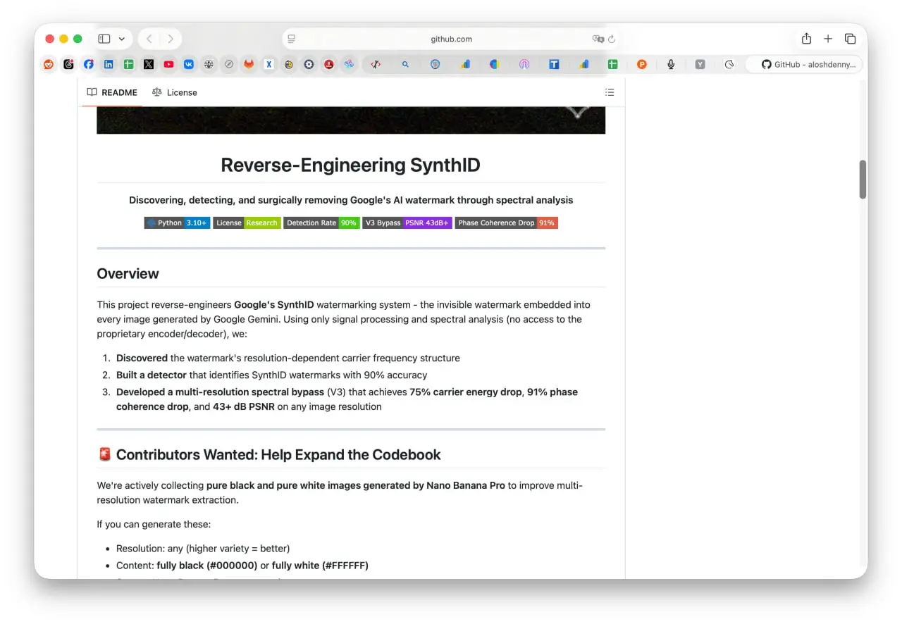 reverse-SynthID. Прикольная штука.
Софт для обратного инжиниринга технологии SynthID от Google DeepMind, предназначенной для встраивания невидимых водяных знаков в контент, созданный ИИ | Сетка — социальная сеть от hh.ru