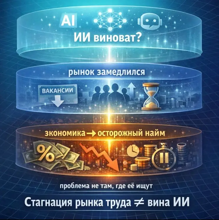 Стагнация рынка труда ≠ вина ИИ
Сейчас довольно популярное объяснение того, что происходит на рынке труда:
«всё из-за ИИ»
➡️ вакансий меньше
➡️ конкуренция выше
➡️ отклики остаются без ответа
И это зв... | Сетка — социальная сеть от hh.ru