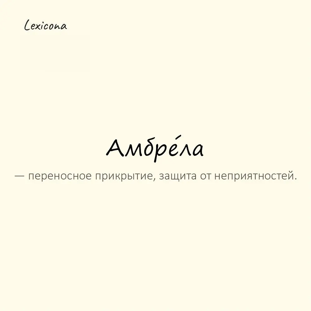 Амбре́ла — переносное прикрытие, защита от неприятностей.
Пример употребления:
Он искал амбрелу в виде влиятельных знакомств. | Сетка — социальная сеть от hh.ru