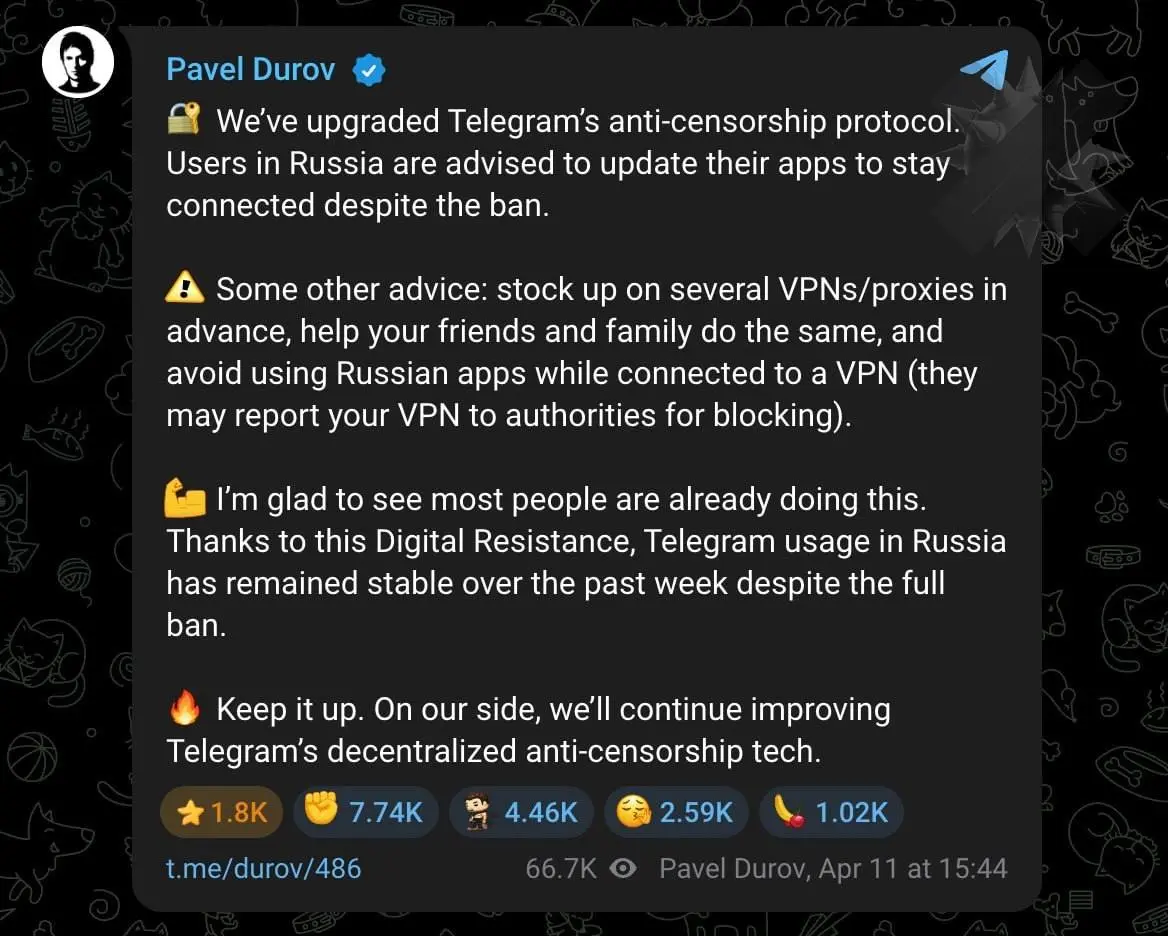 ⚡️Дуров попросил россиян СРОЧНО обновить Telegram
Команда обновила протокол против блокировок | Сетка — социальная сеть от hh.ru