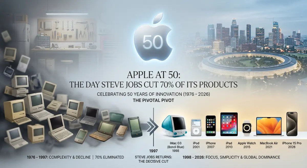 Обзор ключевых моментов 50-летия Apple:
В честь 50-летия Apple на поверхность всплывает ключевой момент в истории: Стив Джобс решил отменить 70% продуктовой линейки | Сетка — социальная сеть от hh.ru