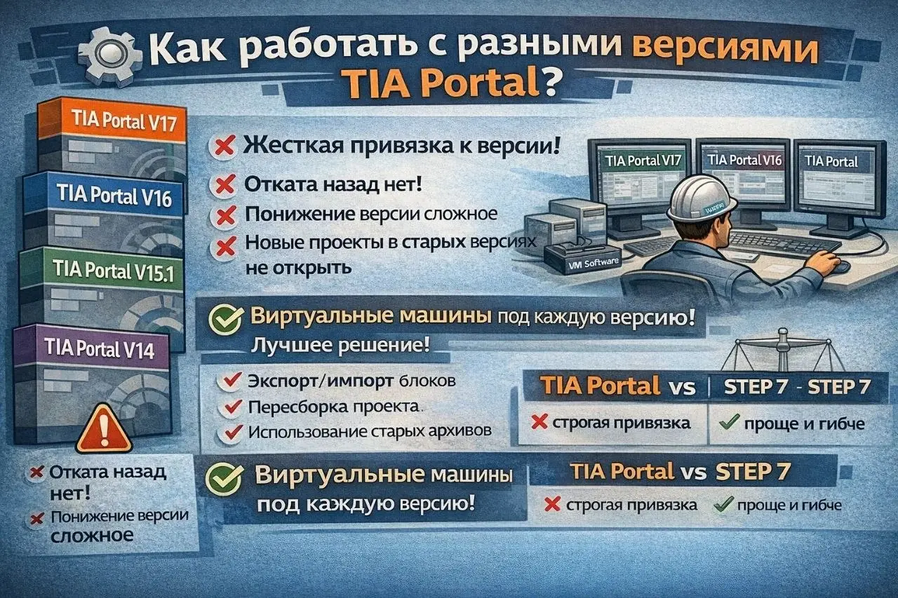 ⚙️ TIA Portal: как работать с разными версиями
Главная боль TIA Portal — жесткая привязка к версии:
❌ Старые версии не открывают новые проекты
❌ При апгрейде назад отката нет
❌ Понижение версии — толь... | Сетка — социальная сеть от hh.ru