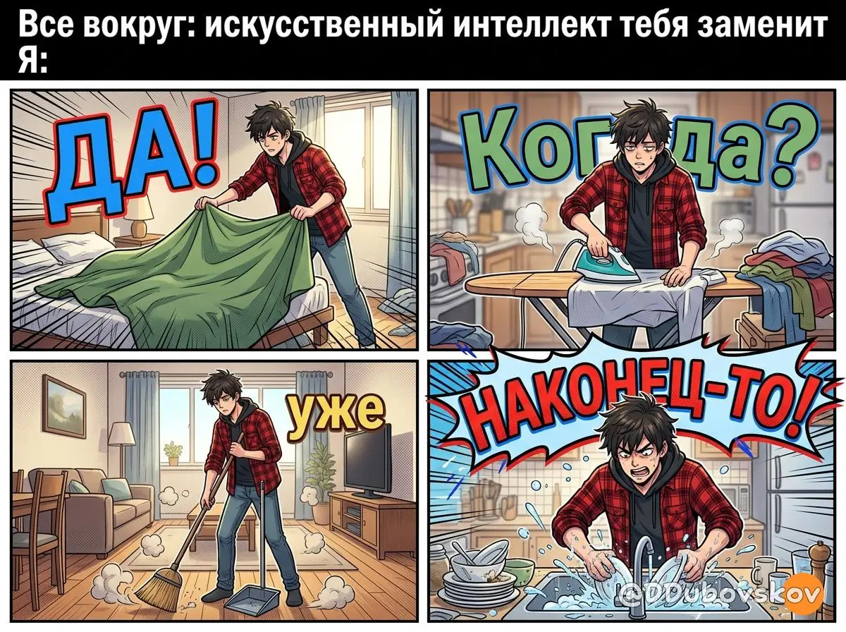 #ОстатьсяБезРаботы
Рубрика: Воскресная мангаСгенерировано через ИИ
Все вокруг: «А-а-а, ИИ заменит людей, мы все останемся без работы! 😱»
Я: смотрю на гору посуды и неглаженные рубашки
Ребят, серьезно | Сетка — социальная сеть от hh.ru