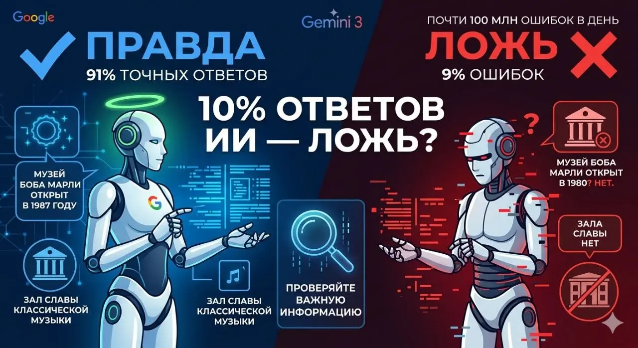 🤖 10% ответов ИИ — ложь? Почти 100 млн ошибок в день
Google уверяет, что их Gemini 3 выдает 91% точных фактов | Сетка — социальная сеть от hh.ru