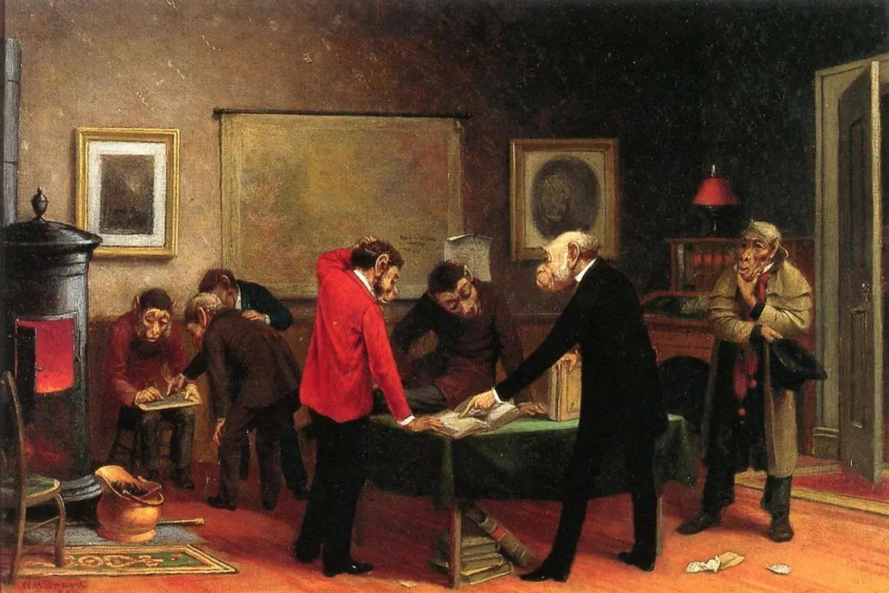“Учёные за работой”
Уильям Холбрук Берд (1894)
Картина написана в конце XIX века, на фоне бурных споров вокруг теории Чарльз Дарвин | Сетка — социальная сеть от hh.ru