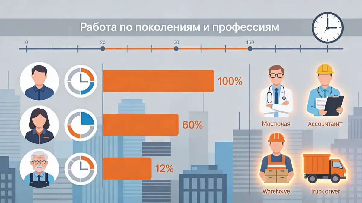 12% зумеров признались, что работают меньше половины дня:
В целом 60% респондентов заявили, что работают всё отведённое время.
Чем старше человек, тем выше доля тех, кто работает полный день | Сетка — социальная сеть от hh.ru