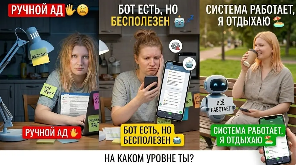 3 уровня автоматизации перед маем (на каком ты?) 📊
Май близко. Я смотрю на системы клиентов и делю их на 3 уровня.
Проверь, на каком ты.
Уровень 1. "Ручной ад" 🖐😩
Ты всё делаешь сама | Сетка — социальная сеть от hh.ru