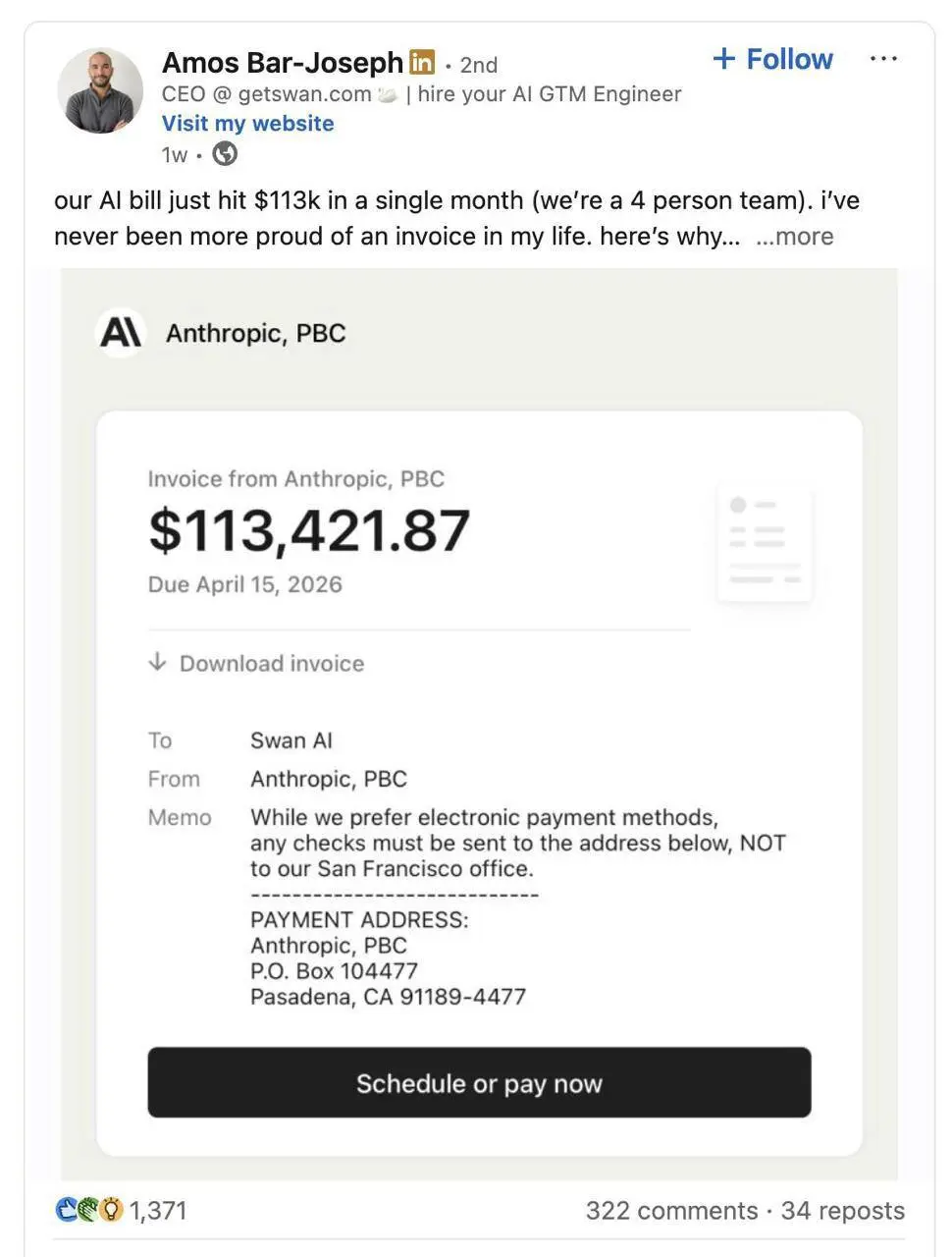 CEO стартапа из 4 человек выложил в LinkedIn счёт от Anthropic на $113 тысяч за месяц с подписью «никогда так не гордился». Это $28 тысяч на человека в месяц только за Claude, зарплаты скромнее | Сетка — социальная сеть от hh.ru