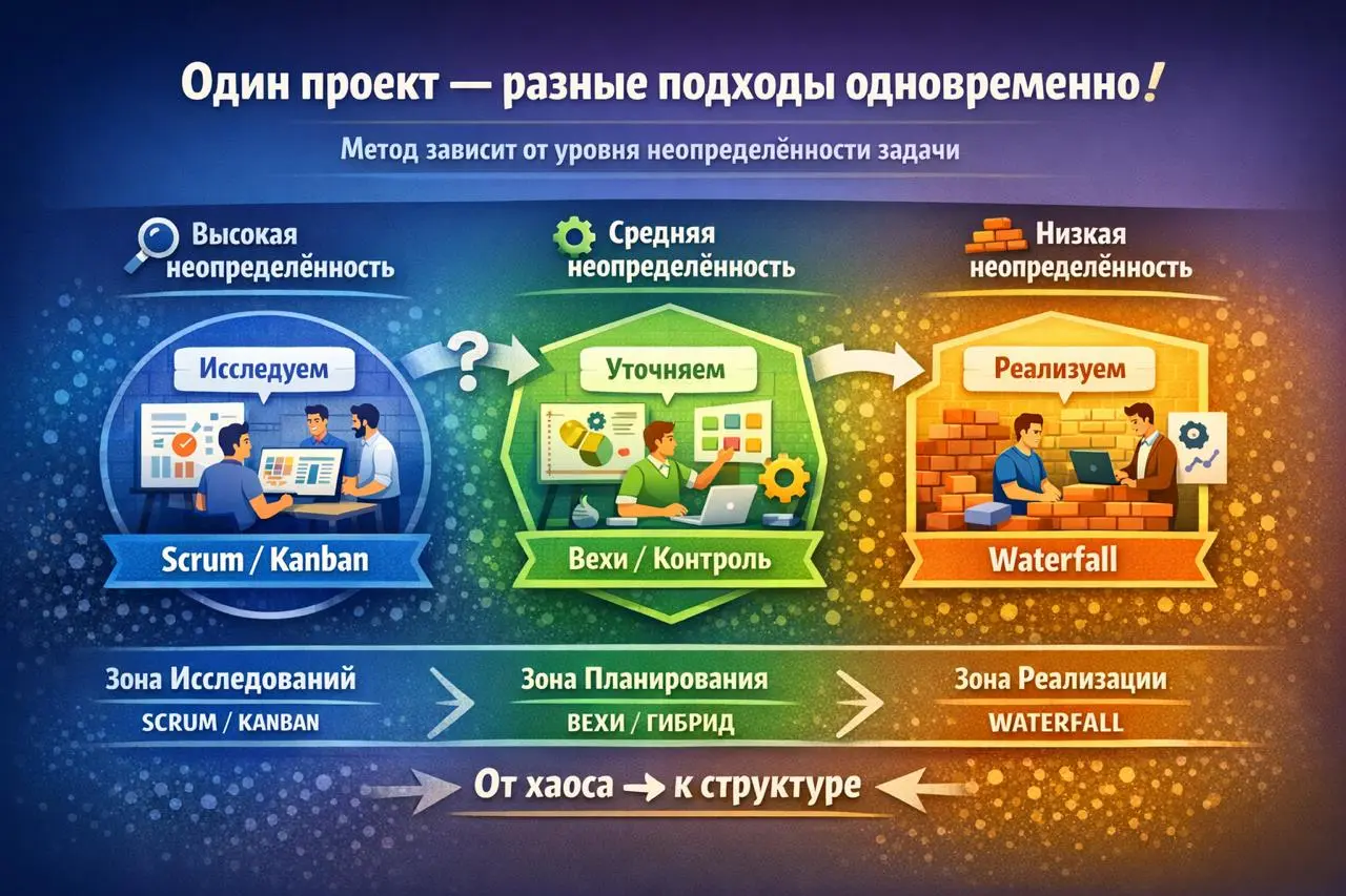 Посмотрим иначе! Ведь проекты не ведутся чисто по Waterfall или Scrum… а что в реальности?
мысли единомышленников)
Сначала всё красиво:
📊 Waterfall → всё заранее, по плану
🔄 Scrum → гибкость, итерации... | Сетка — социальная сеть от hh.ru